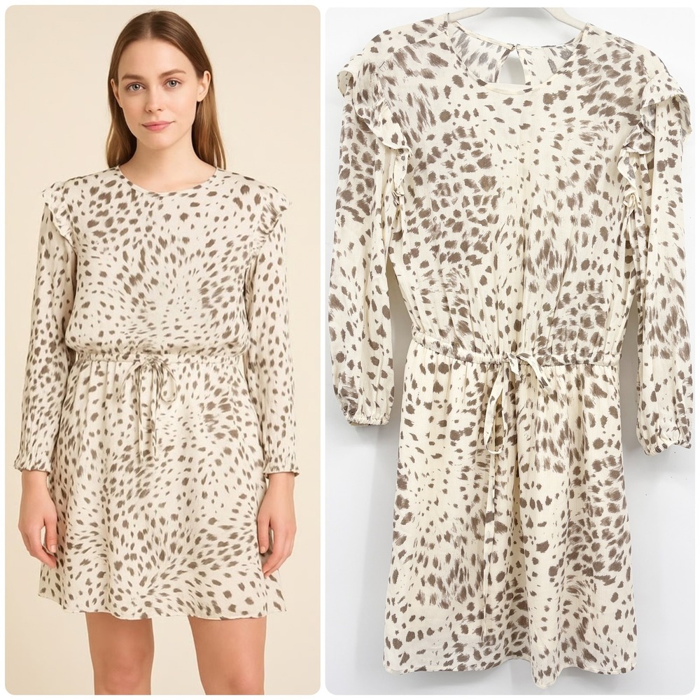 NWT Rails Womens Ora Puma Animal Print Ruffle Chiffon Neutral Mini Dress Small